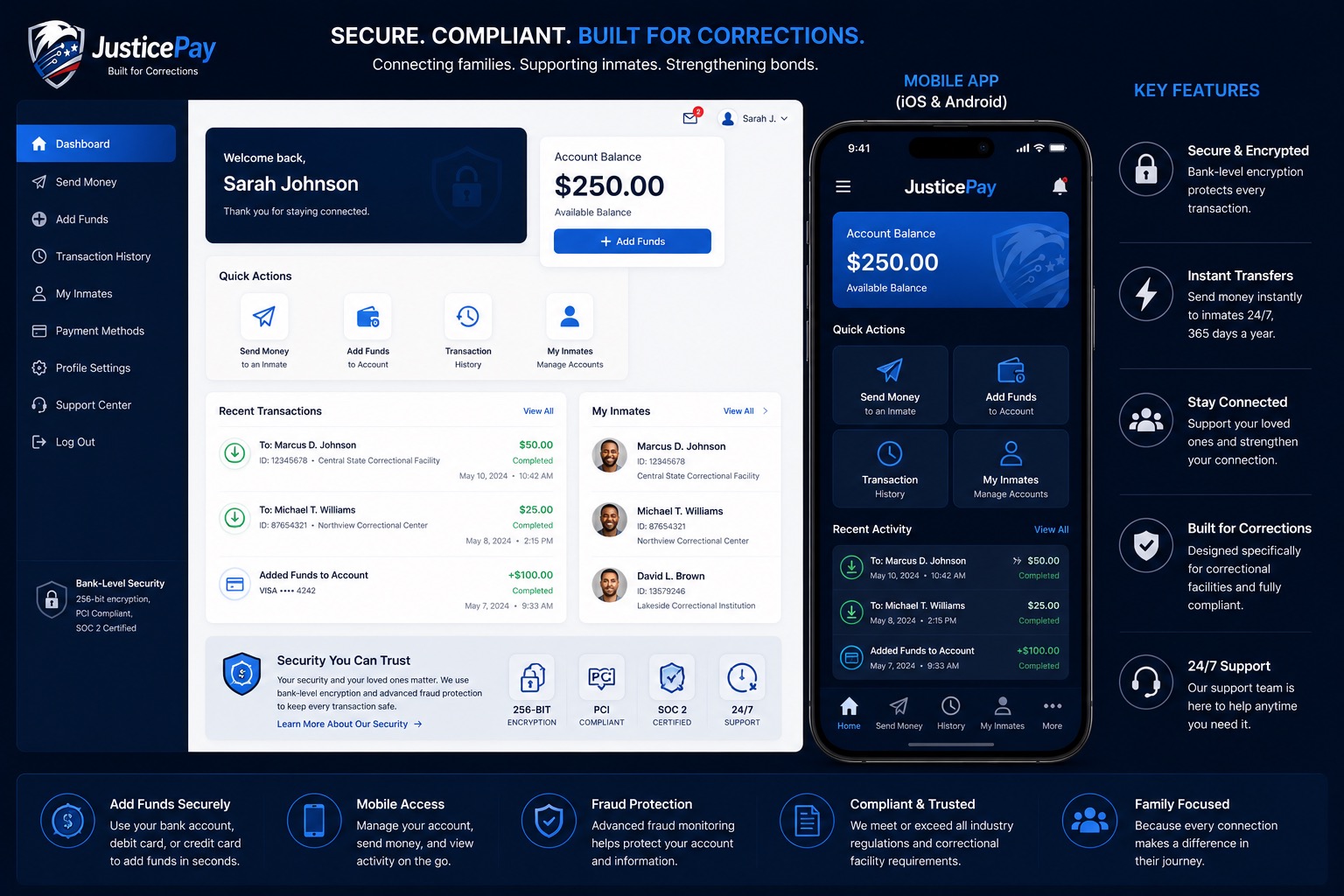 JusticePay web dashboard with transaction history and mobile account preview